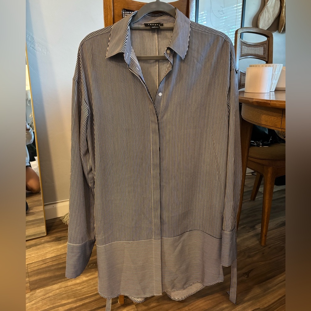 Trouve Womens Top White Black Maisy Stripe Flowy Button Up Blouse Oversized
